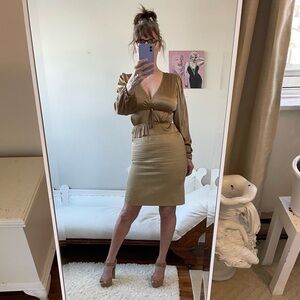 PLEIN SUD SILK PENCIL SKIRT KHAKI TAN ZIPPER RIBBED RAW EDGE DISTRESSED FRAYED